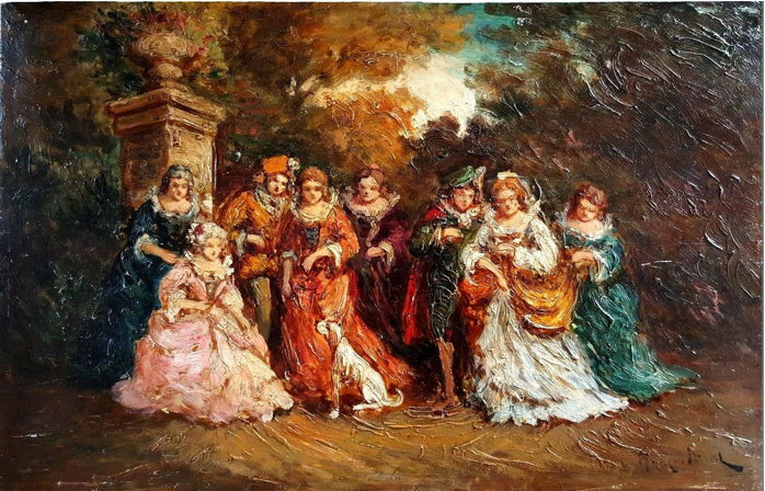 Henri. P. Rolland Signed. People in the Park Oil Painting –