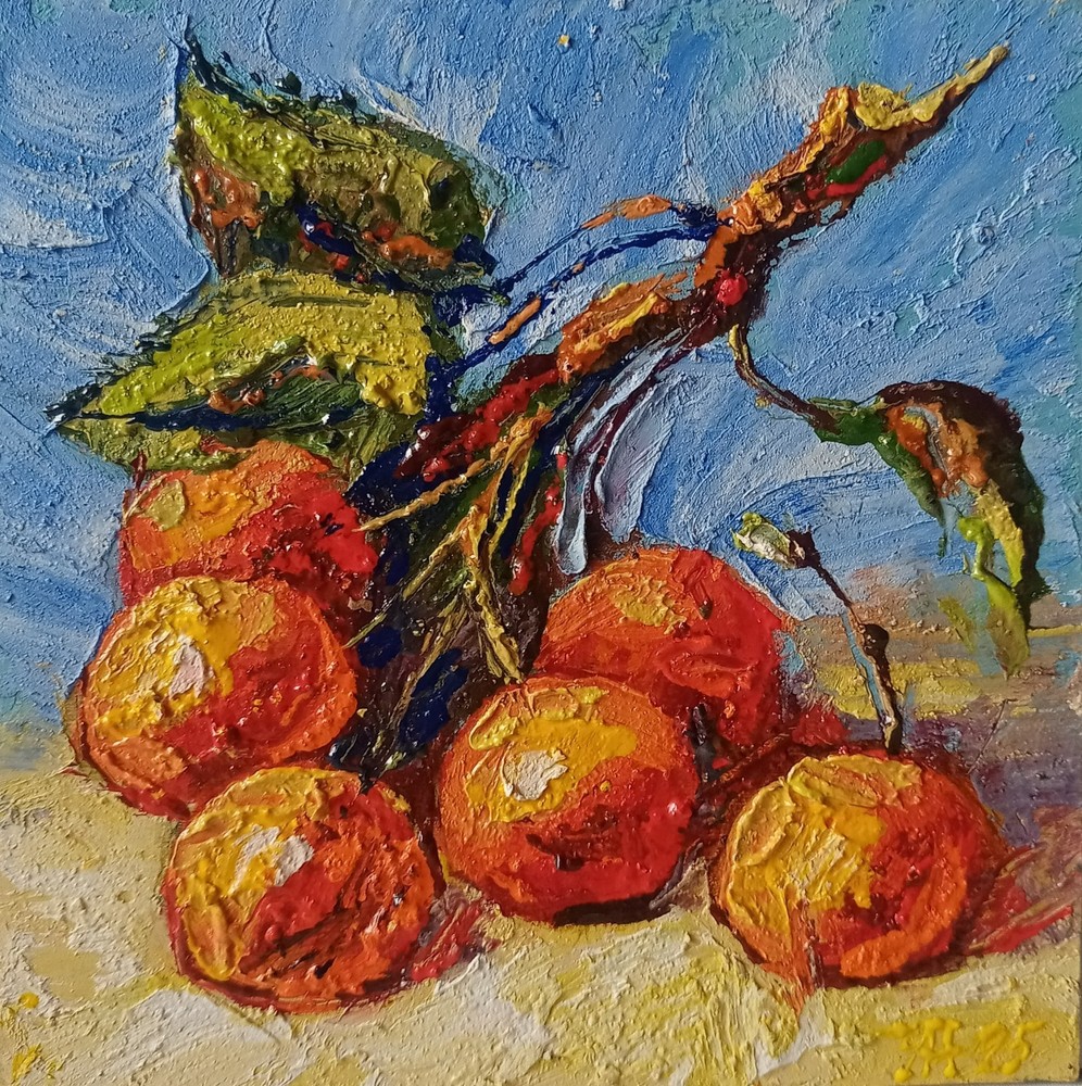 Cherries Impasto Painting Original Art Impression Oil Painting 6 x 6 in
