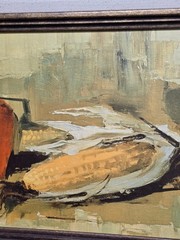 Vintage Mid Century Still Life Oil Painting Signed JP Orange Pitcher Corn 34×15