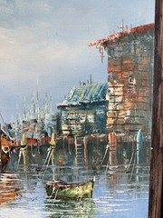 Vintage MCM Oil Painting Signed CRANE Harbor Fishing Boats Nautical Framed Art