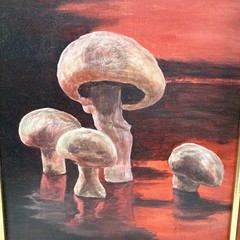 Vintage Groovy MCM Hand Painted Mushroom Painting Framed Signed Ceil Fetzer #2