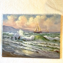 Vintage 90s ships seascape ocean hand painted original PAINTING signed waves