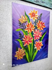 Art 20″/16″ Origina oil Painting ,Orange Flowers on purple. Stretched canvas.