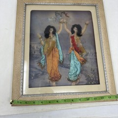 VTG Indian Mixed Media Dancing Women Art Silk Sari Fabric 3D Framed Painting