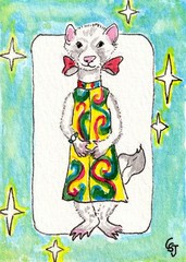 ACEO Original Painting Ferret 1960s Fashion Watercolor Animal Art by CS Jackson