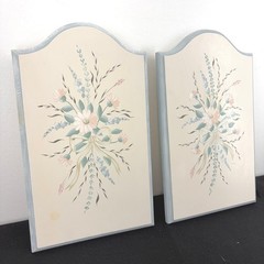90s Hand Painted Floral Wood Wall Art Plaque Set Pastel Cottage Folk Shabby Chic