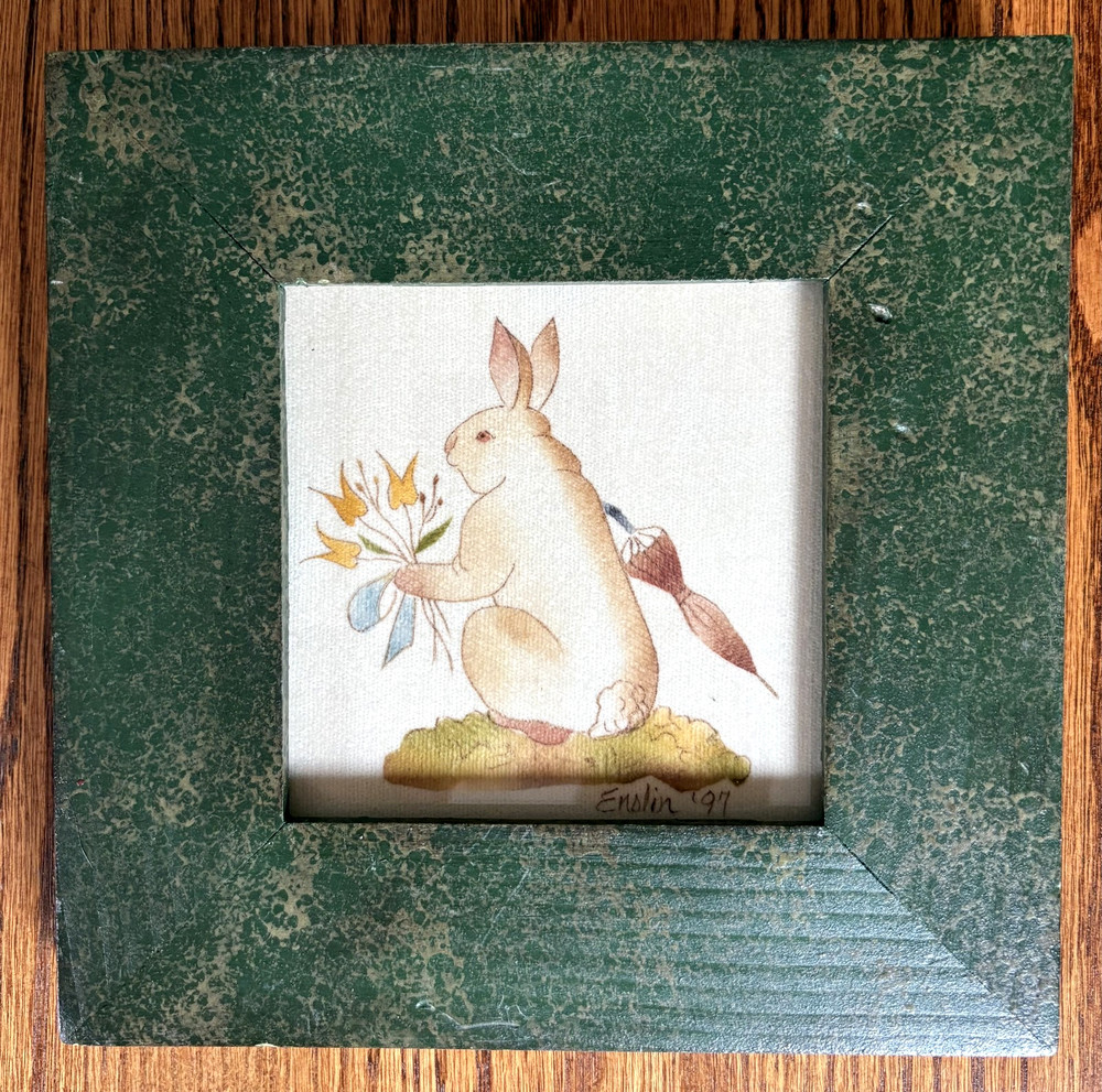 Theorem Painting, Rabbit Tulips Spring , Signed PAT ENSLIN, 7″ square frame