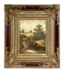 Painting Fishing by the River Oil on Board Framed Countryside Vintage Art Decor