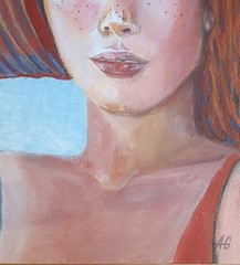 Red-haired girl in a hat. Original painting with high quality acrylic paints .