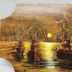 Vintage MCM Matson Fishing Boats Painting On Plaque 13 x 9 Inches Signed