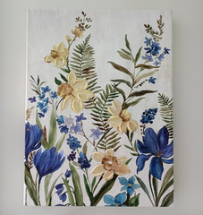 Floral Botanical Flowers Painting on Canvas, Blue & Beige, Unframed Wall Art