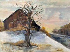 Vintage Landscape Painting 24×18″ Barn in Winter signed S Bruder