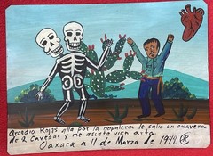 Mexican Folk Art Rafael Rodríguez Cojas 2-Headed Skeleton Tin Retablo Ex Voto