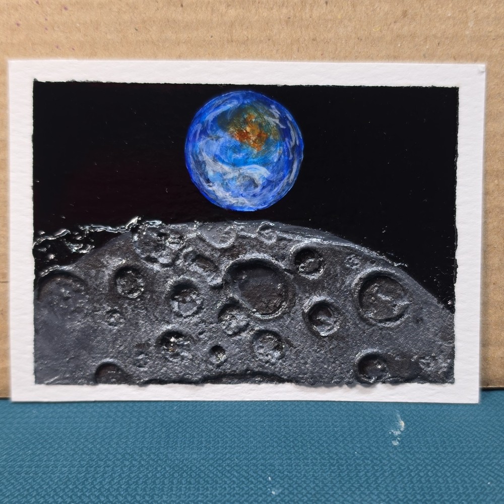 Earth and Moon Signed Miniature Drawing Original Art OOAK Outer Space