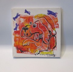 Red dog original acrylic picture/canvas drawing orig sign ZM 20x20cm