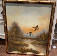 R. Wilson Original Painting of Ducks Flying Over Water – Signed and Framed