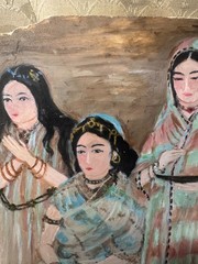 Vintage „Three Asian Females Scene“ Oil On Marble Slab Painting