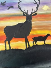 Original oil painting 11 x 14 inches buck deer in silhouette at sunset