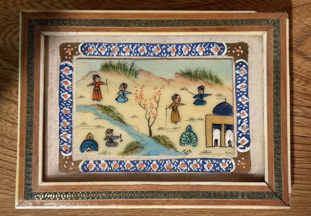 VTG Persian Miniature Painting On Camel Bone Panel In Khatam Frame 6” X 4” RARE
