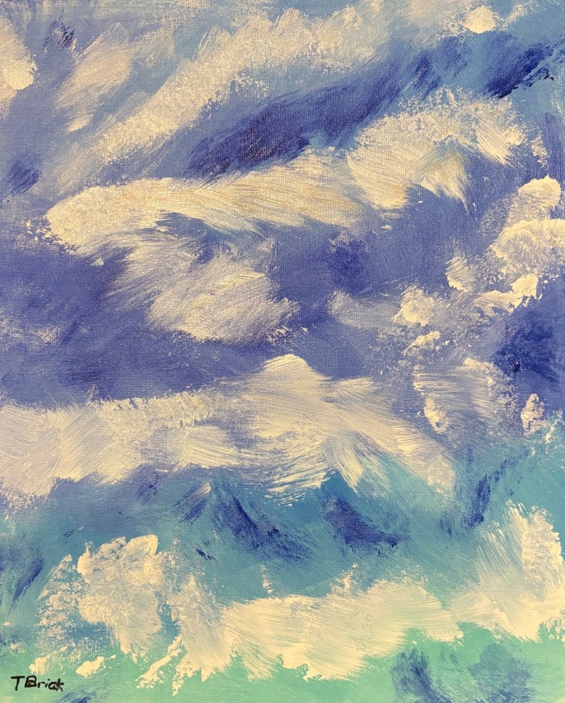 Original Abstract Ocean Painting Coastal Acrylic Art Blue White Waves Clouds