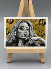 ACEO Original Artwork Painting Golden Noir Portrait 2.5×3.5 In Lynazn-67 Signed