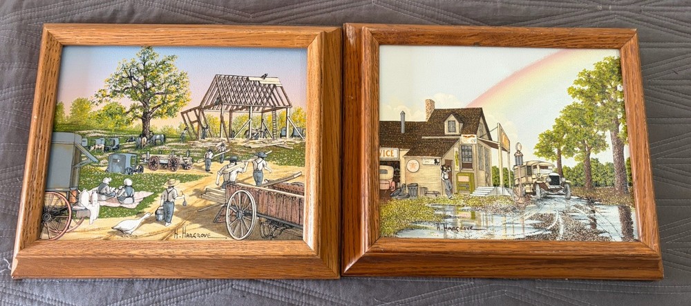 (2) H.Hargrove Serigraphs/Signed/Framed! Cafe/Gas Station & Amish Barn Raising!