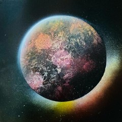Crimson Ember Moon- Handcrafted Spray Painted Planet Art on Paper