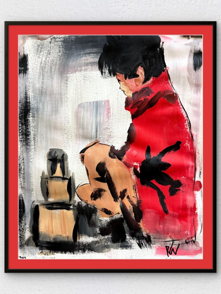 Original 11×14 Expressionist Hand Painted Signed Acrylic Paper Art Boy Play Rain