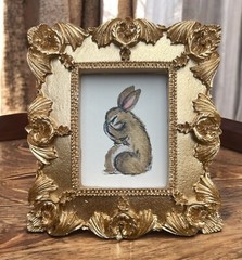 Bunny Rabbit watercolor print of painting in mini gold vtg style ornate frame