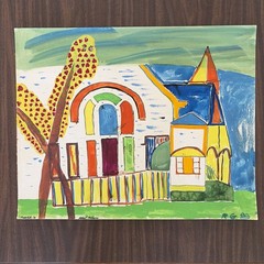 Vintage 80s Outsider Art Church Landscape Painting Robert Gilkerson 20×16″