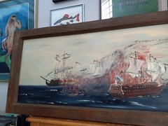 Vintage Beautiful Original Large Ocean Battleships at War Framed Oil Painting