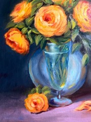 Golden Roses in a Blue Vase- Original Rose Oil Painting, 11×14 Floral Still Life