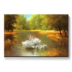 Hand Painted Oil painting Happy Family Birds Swan on the Lake in Landscape Canv