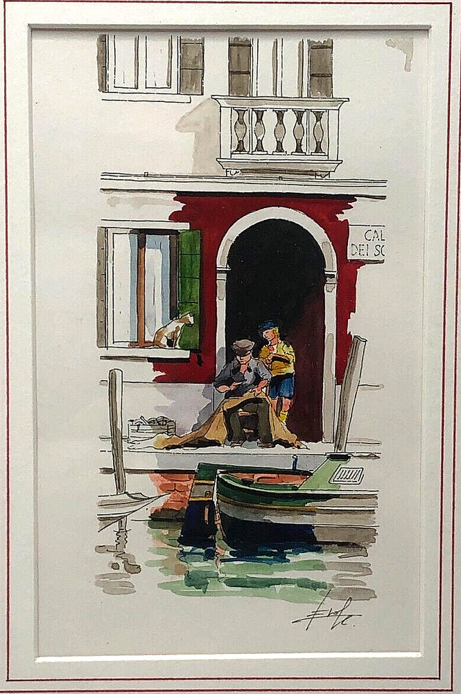 Vintage Original Watercolor Painting Venice Italy Fisherman Mending Net Signed