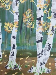 Birch Tree Forest Painting in Green and White