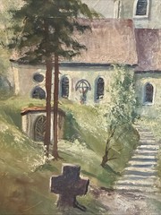 Real Signed Oil On Canvas Painting Realism Old Church Chapel Grave 23×26”