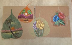 hand-painted landscape scenes and flowers on real Peepal leaves lot of 4 !!!