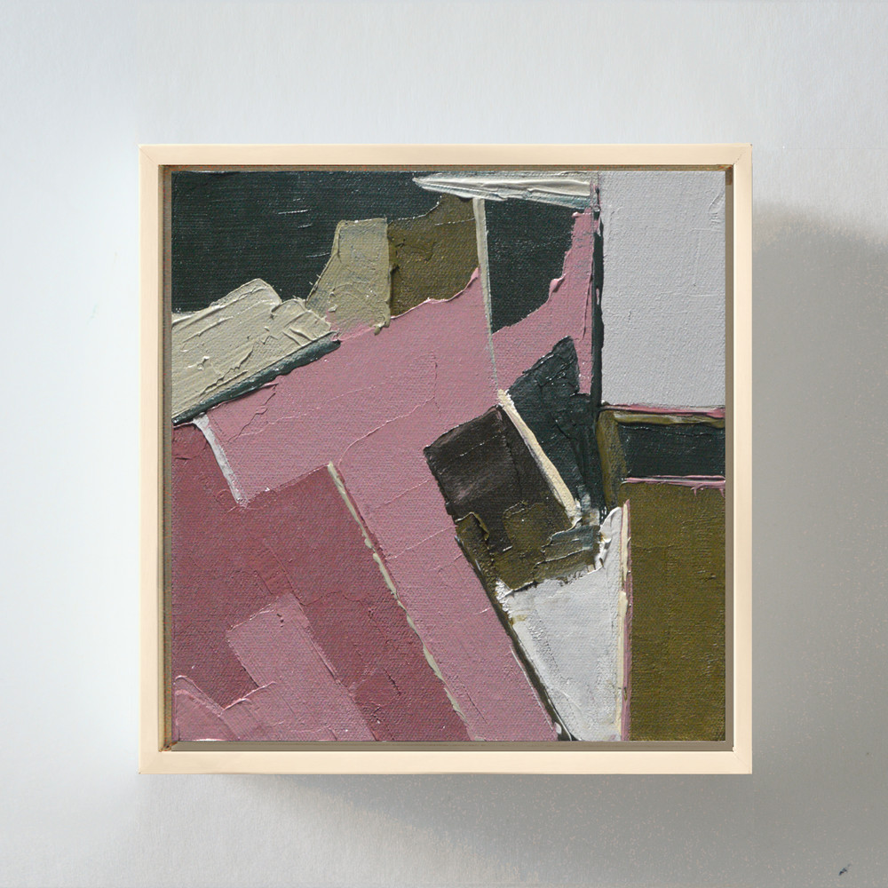 Original Abstract Oil Painting Framed, Pink and Olive Green Geometric Wall Art