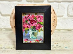 Framed ACEO Original Oil Painting Roses Flowers Vase Art Impasto Signed