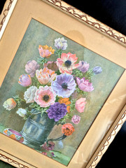 Vtg Artwork Framed Signed Still Life Watercolor Anemones In Pewter Jug Flower