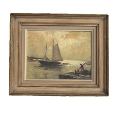 Signed Harry Russell Ballinger Oil On Artist Board Of A Sailboat In A Harbor