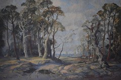 GUM TREES OF THE AUSTRALIAN OUTBACK OIL PAINTING JOHN WILSON c1970s
