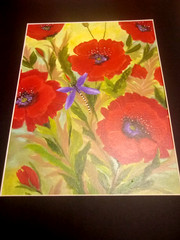 Original Acrylic Painting Red Poppy Flowers Dragonfly 16 x 20 large Canvas Art
