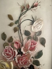 Antique Victorian Rose Oil Painting On Glass. Rare. Pink & yellow & White