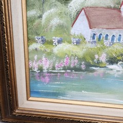 Signed Vintage Oil Painting Canvas Country Lake Scene Swans Bridge Church 27×23