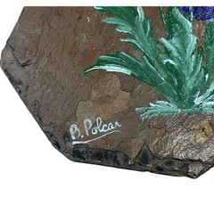 Painted Slate Violets Folk Art Signed By Artist B Polcar Rustic Cottagecore