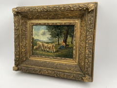 19th Century Barbizon Oil on Canvas – Muttons Shepherd and Sheeps in Countryside