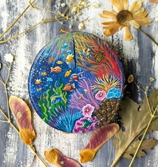 Original Painting on Wood Slice, Ocean Life, Fish, Aquatic Coral Art 8,3×8,7 cm.