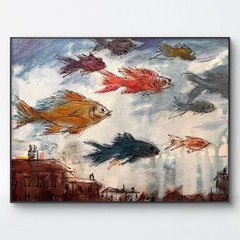 SAMATOWIC Original Abstract Flying Fish 8×10 Handmade Signed Fine Wall Art