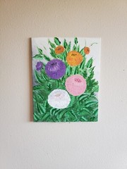 Handmade Painting Acrylic Art Panel 14x11x1/16 Garden Flowers Asters Decor